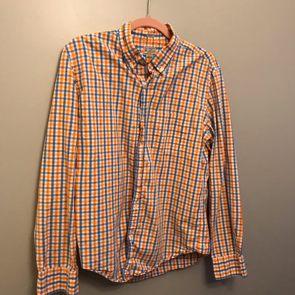 J Crew (L) slim fit button down shirt.  Orange/Wht